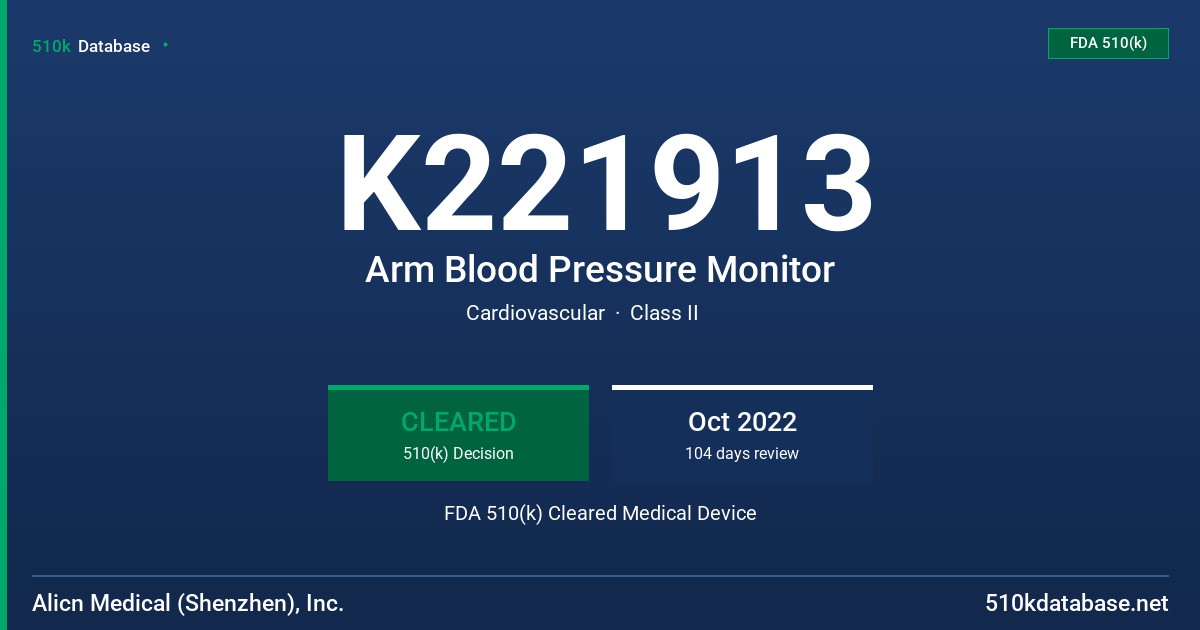K221913 Arm Blood Pressure Monitor FDA 510(k) Cleared Medical Device
