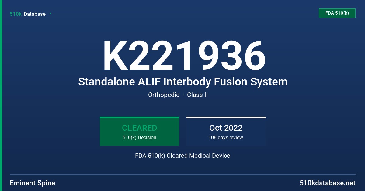 K221936 Standalone ALIF Interbody Fusion System FDA 510(k) Cleared Medical Device