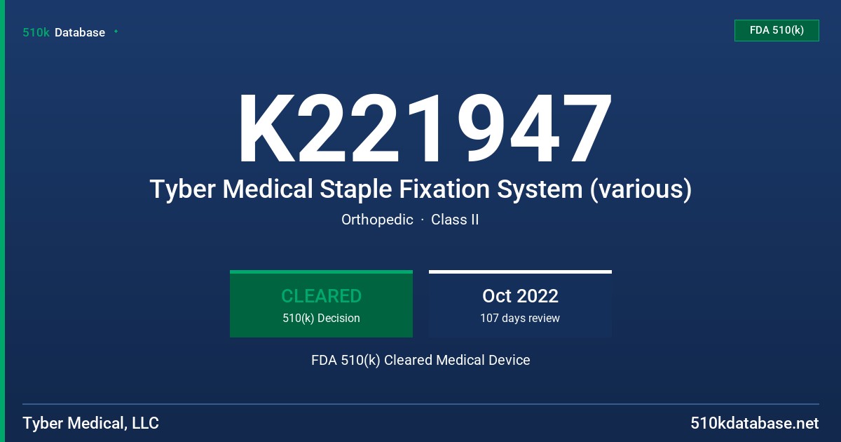 K221947 Tyber Medical Staple Fixation System (various) FDA 510(k) Cleared Medical Device