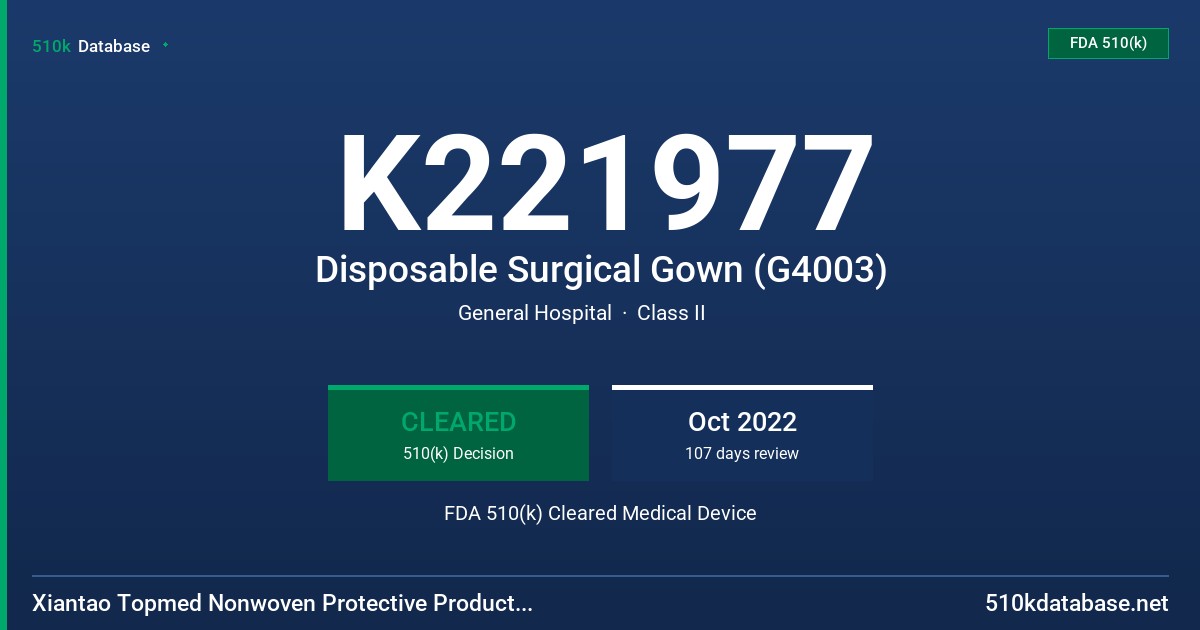 K221977 Disposable Surgical Gown (G4003) FDA 510(k) Cleared Medical Device