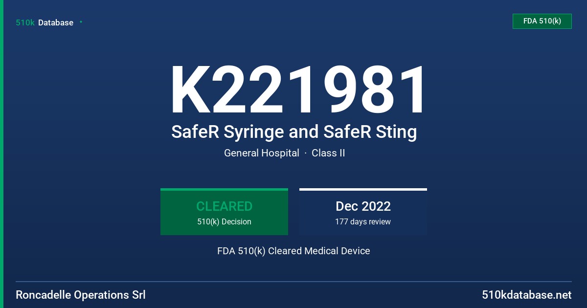 K221981 SafeR Syringe and SafeR Sting FDA 510(k) Cleared Medical Device