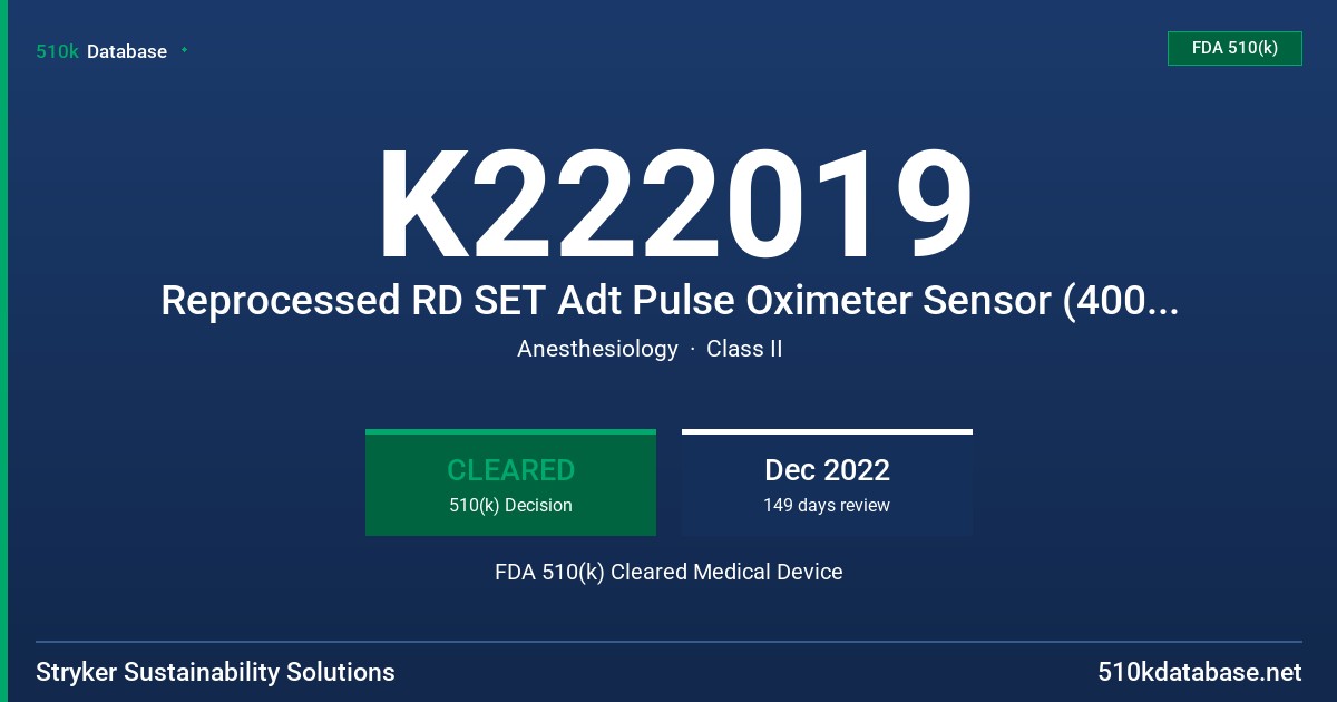K222019 Reprocessed RD SET Adt Pulse Oximeter Sensor (4000), Reprocessed RD SET Pdt Pulse Oximeter Sensor (4001), Reprocessed RD SET Inf Pulse Oximeter Sensor (4002), Reprocessed RD SET Adt Pulse Oximeter Sensor (4003) FDA 510(k) Cleared Medical Device