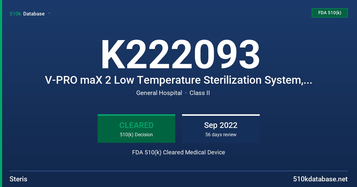 K222093 V-PRO maX 2 Low Temperature Sterilization System, V-PRO maX Low Temperature Sterilization System FDA 510(k) Cleared Medical Device