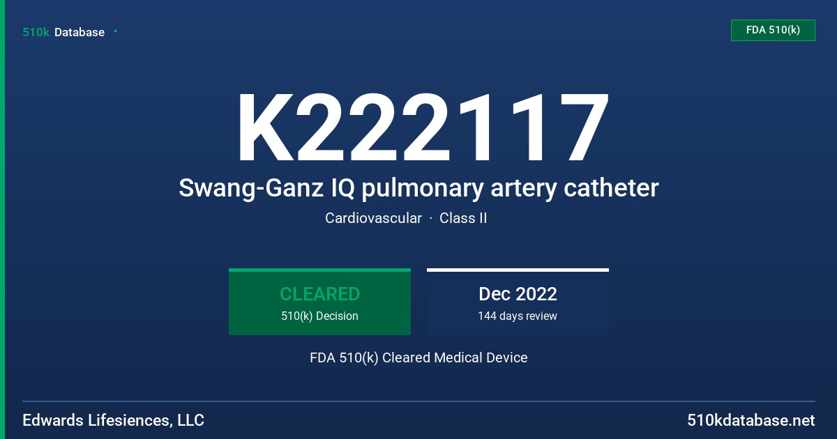 K222117 Swang-Ganz IQ pulmonary artery catheter FDA 510(k) Cleared Medical Device