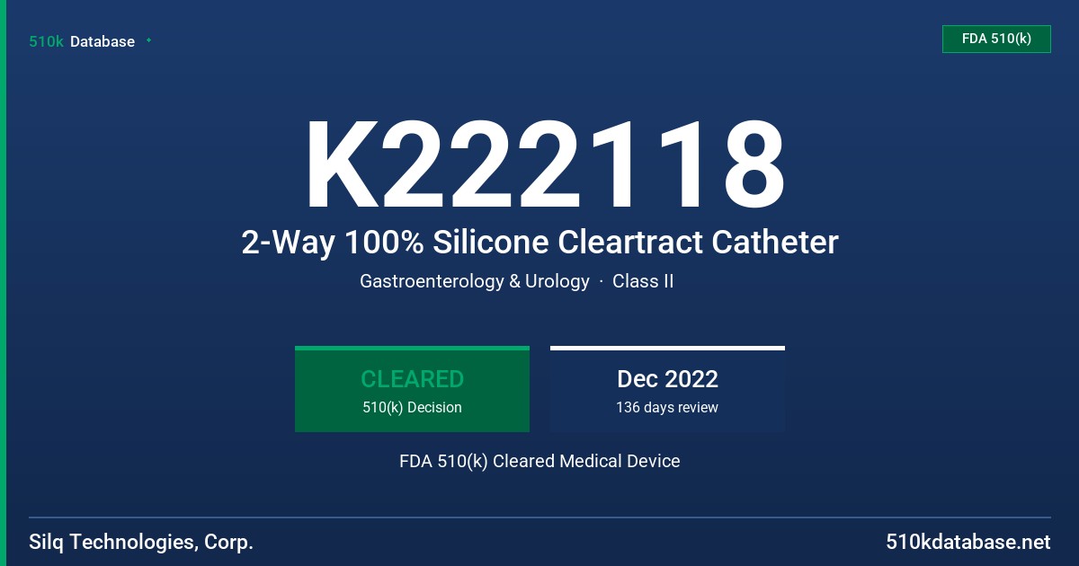 K222118 2-Way 100% Silicone Cleartract Catheter FDA 510(k) Cleared Medical Device