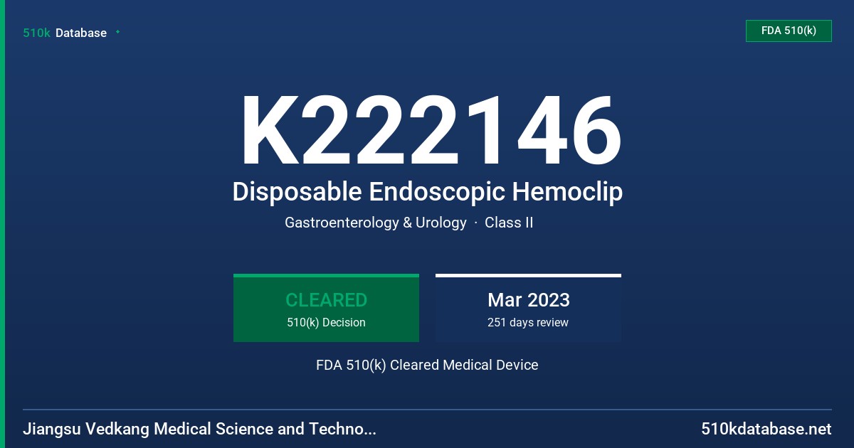 K222146 Disposable Endoscopic Hemoclip FDA 510(k) Cleared Medical Device