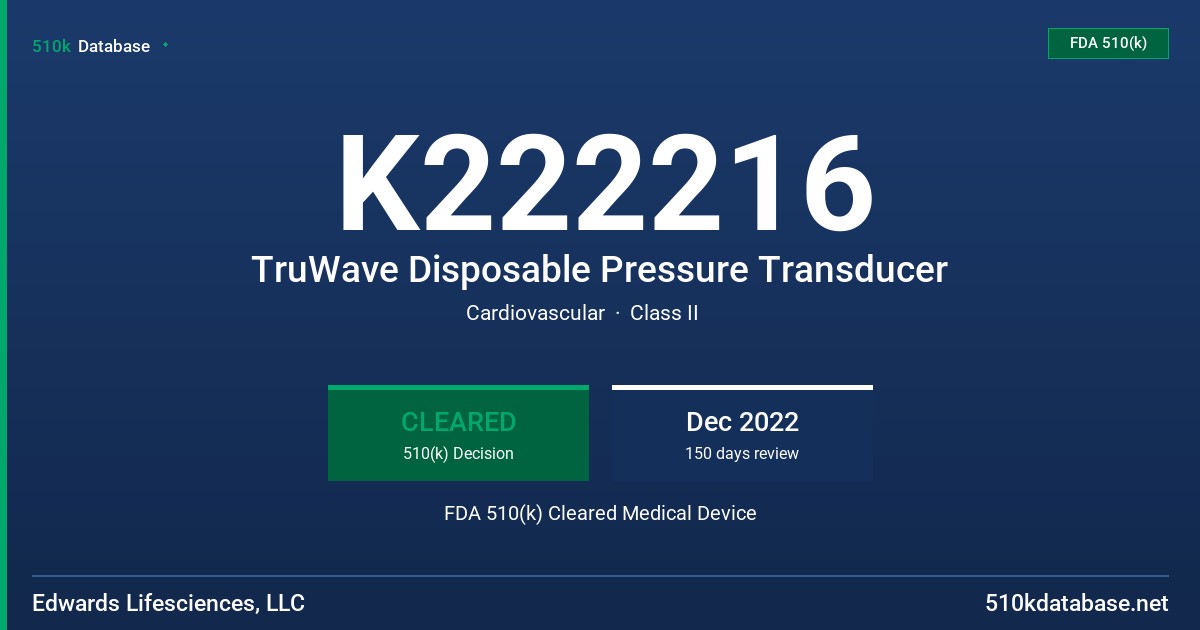 K222216 TruWave Disposable Pressure Transducer FDA 510(k) Cleared Medical Device