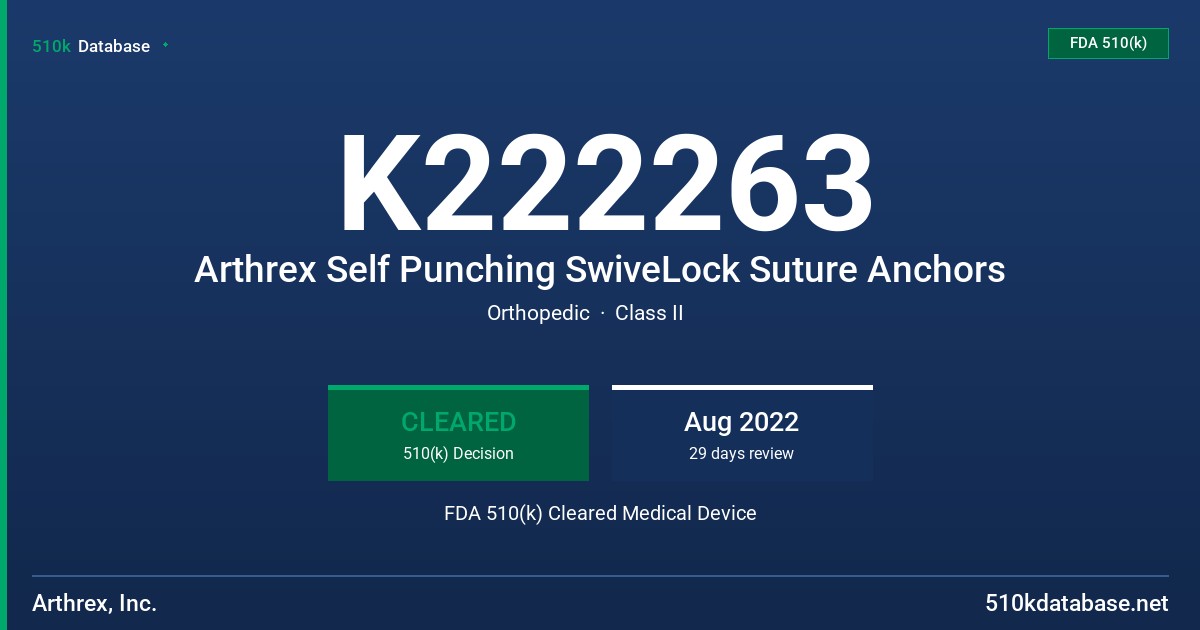 K222263 Arthrex Self Punching SwiveLock Suture Anchors FDA 510(k) Cleared Medical Device