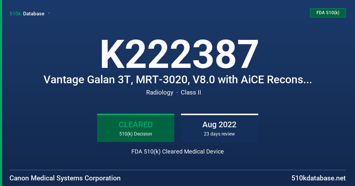 K222387 Vantage Galan 3T, MRT-3020, V8.0 with AiCE Reconstruction Processing Unit for MR FDA 510(k) Cleared Medical Device