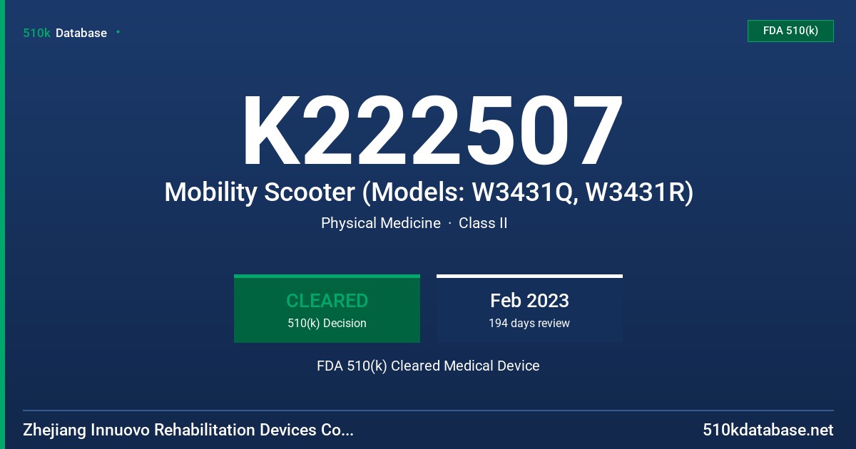 K222507 Mobility Scooter (Models: W3431Q, W3431R) FDA 510(k) Cleared Medical Device