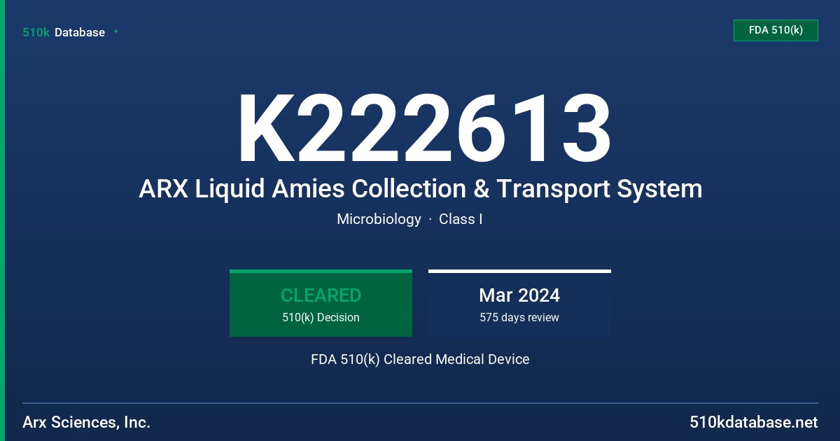 K222613 ARX Liquid Amies Collection & Transport System FDA 510(k) Cleared Medical Device