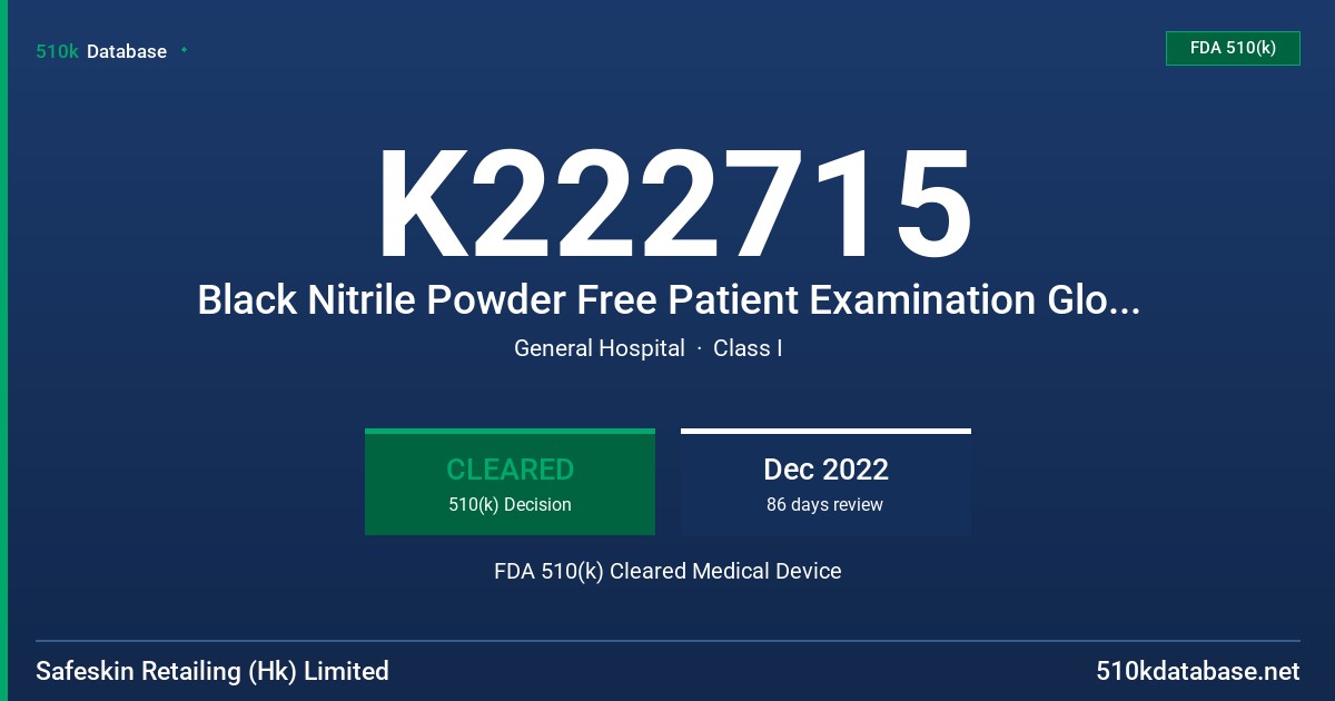 K222715 Black Nitrile Powder Free Patient Examination Glove, Non Sterile FDA 510(k) Cleared Medical Device