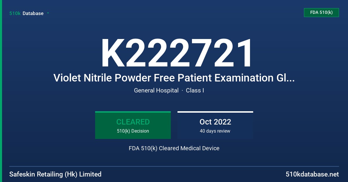 K222721 Violet Nitrile Powder Free Patient Examination Glove, Non Sterile FDA 510(k) Cleared Medical Device