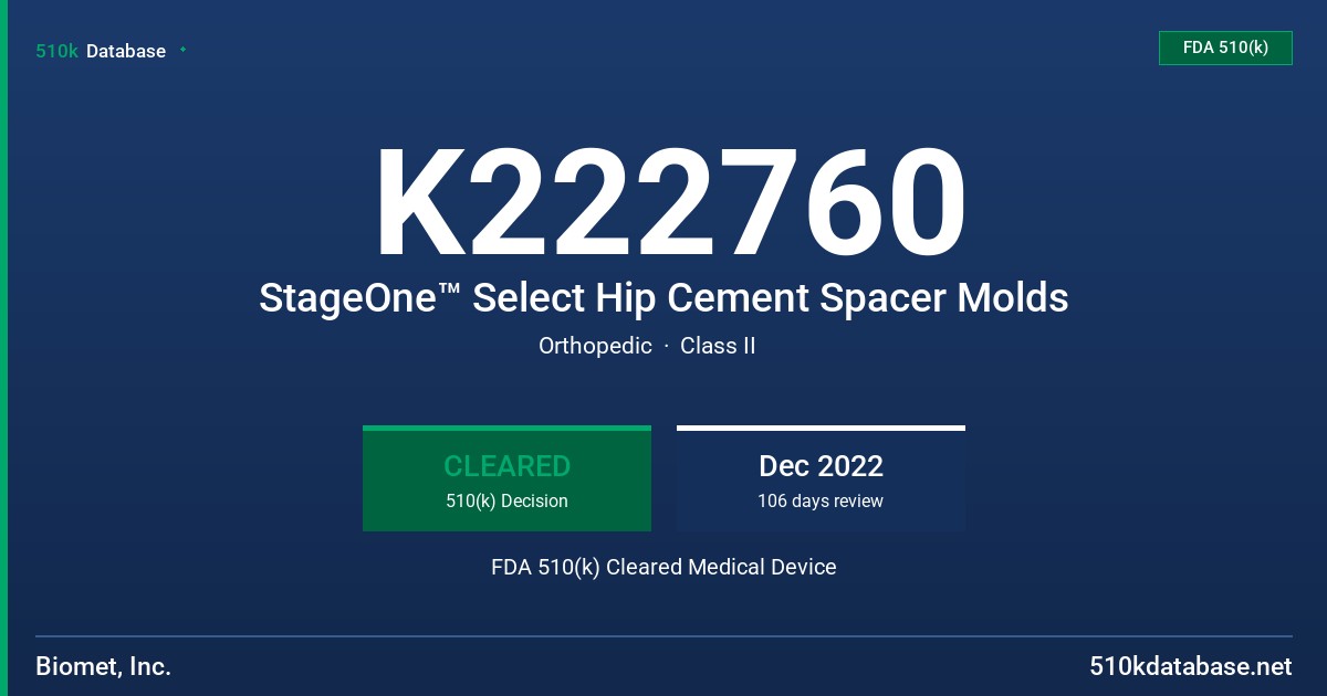 K222760 StageOne™ Select Hip Cement Spacer Molds FDA 510(k) Cleared Medical Device