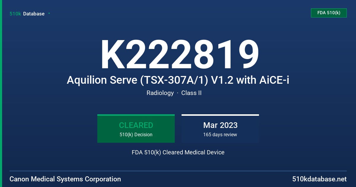 K222819 Aquilion Serve (TSX-307A/1) V1.2 with AiCE-i FDA 510(k) Cleared Medical Device