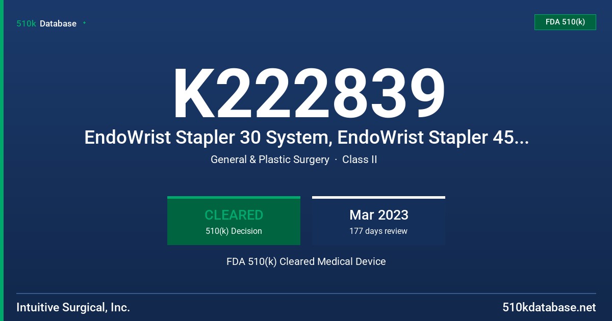 K222839 EndoWrist Stapler 30 System, EndoWrist Stapler 45 System, SureForm 45 System, SureForm 60 System, 8 mm SureForm 30 System FDA 510(k) Cleared Medical Device