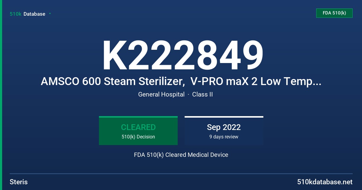 K222849 AMSCO 600 Steam Sterilizer,  V-PRO maX 2 Low Temperature Sterilization System, V-PRO s2 Low Temperature Sterilization System, V-PRO 60 Low Temperature Sterilization System,  RAS 12 Rack, RAS 12 Long Rack, RAS Cycle of the AMSCO 7052HP and 7053HP Single Chamber Washer Disinfector FDA 510(k) Cleared Medical Device