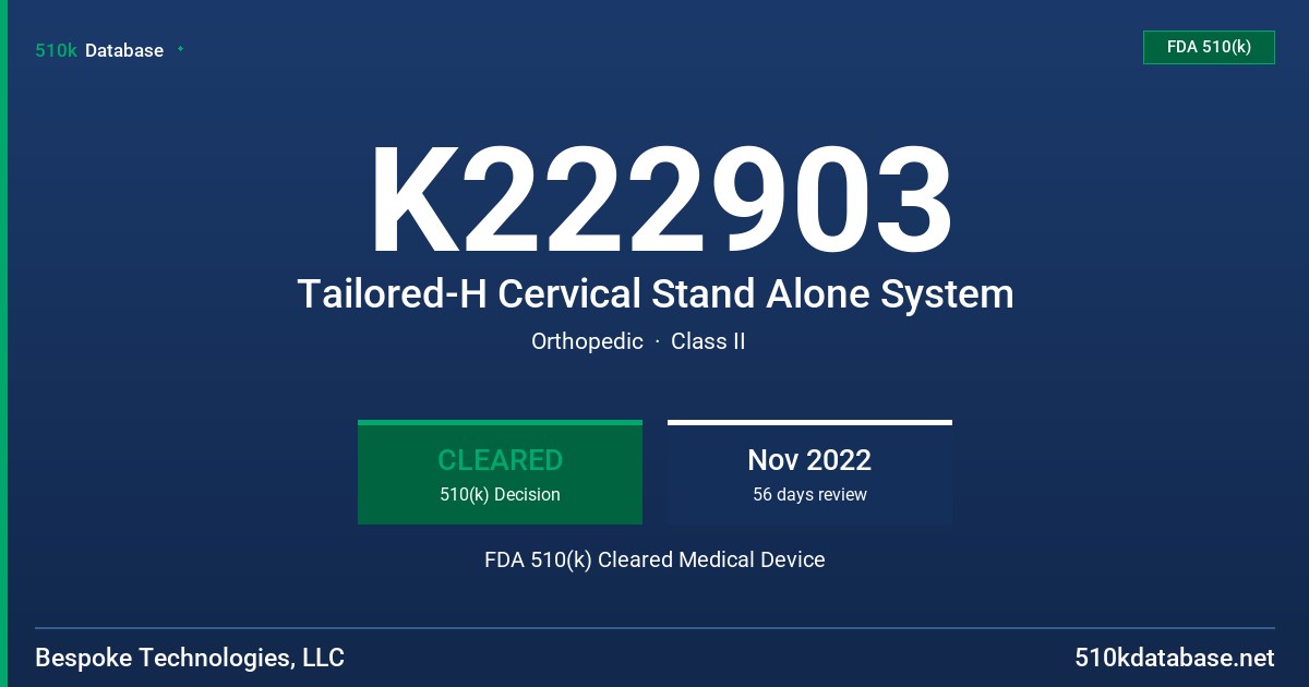 K222903 Tailored-H Cervical Stand Alone System FDA 510(k) Cleared Medical Device