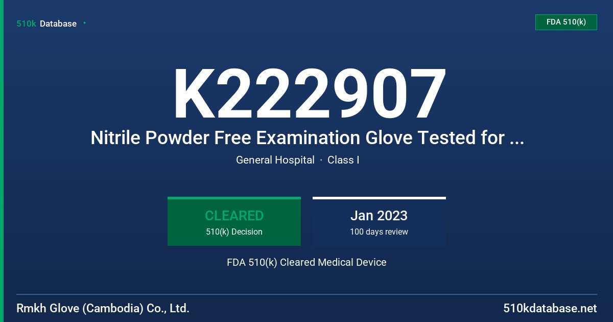 K222907 Nitrile Powder Free Examination Glove Tested for Use with Chemotherapy Drugs and Fentanyl Citrate FDA 510(k) Cleared Medical Device