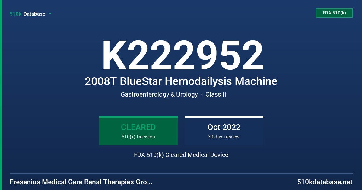 K222952 2008T BlueStar Hemodailysis Machine FDA 510(k) Cleared Medical Device