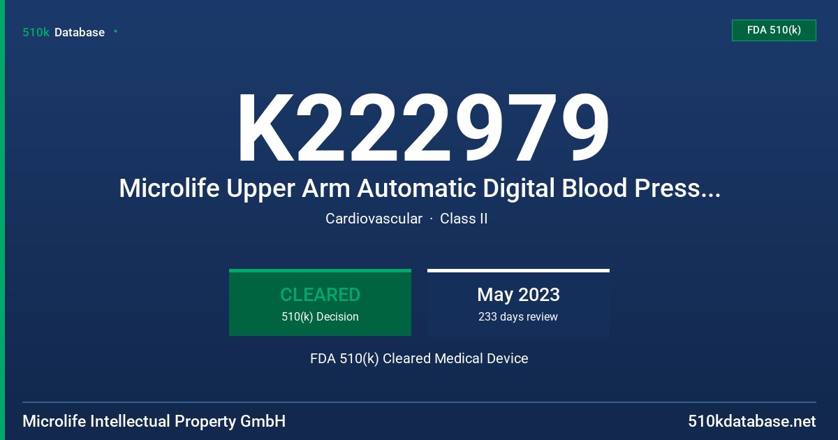K222979 Microlife Upper Arm Automatic Digital Blood Pressure Monitor, Model BP3KV1-5W FDA 510(k) Cleared Medical Device