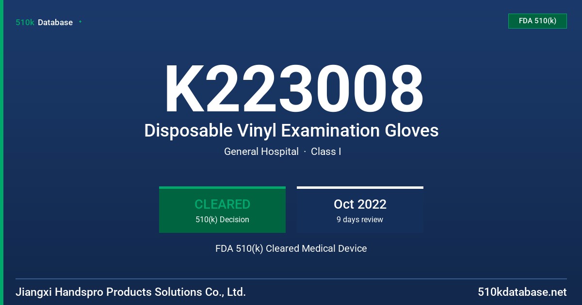 K223008 Disposable Vinyl Examination Gloves FDA 510(k) Cleared Medical Device