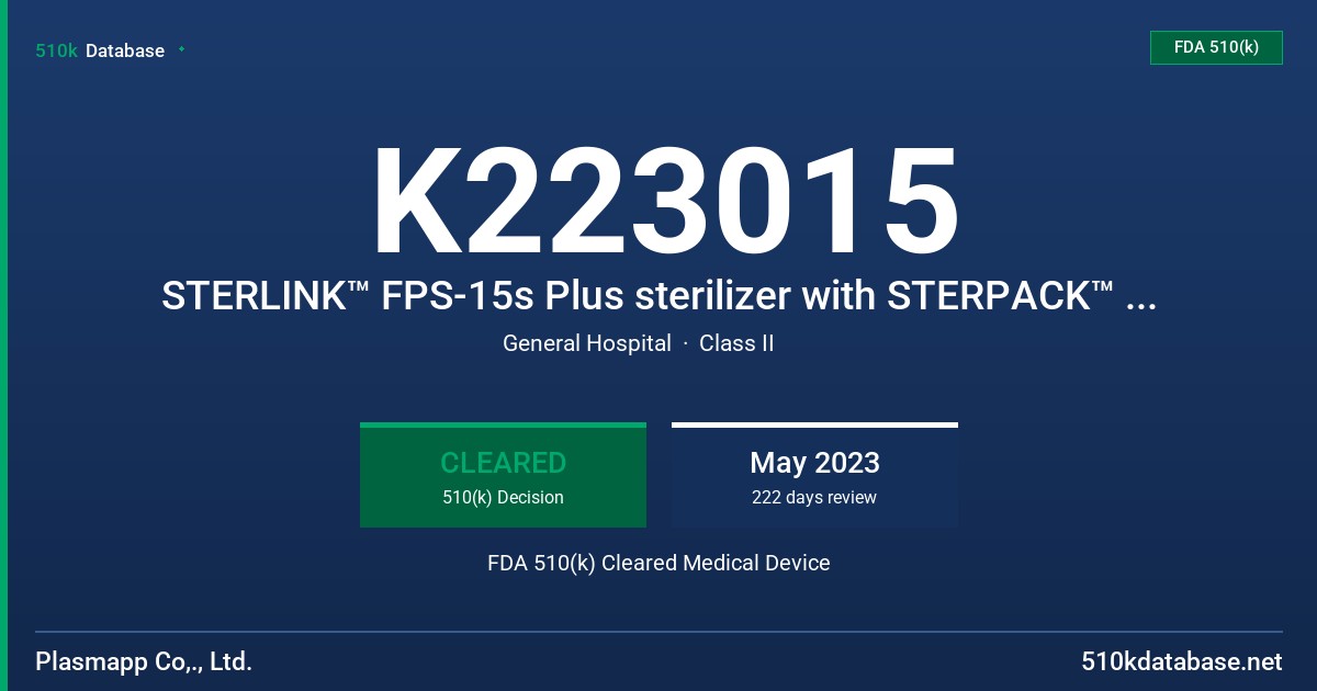 K223015 STERLINK™ FPS-15s Plus sterilizer with STERPACK™ plus cassette FDA 510(k) Cleared Medical Device