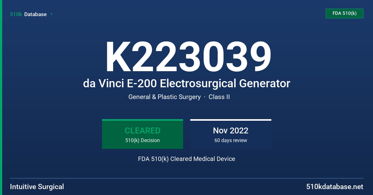 K223039 da Vinci E-200 Electrosurgical Generator FDA 510(k) Cleared Medical Device