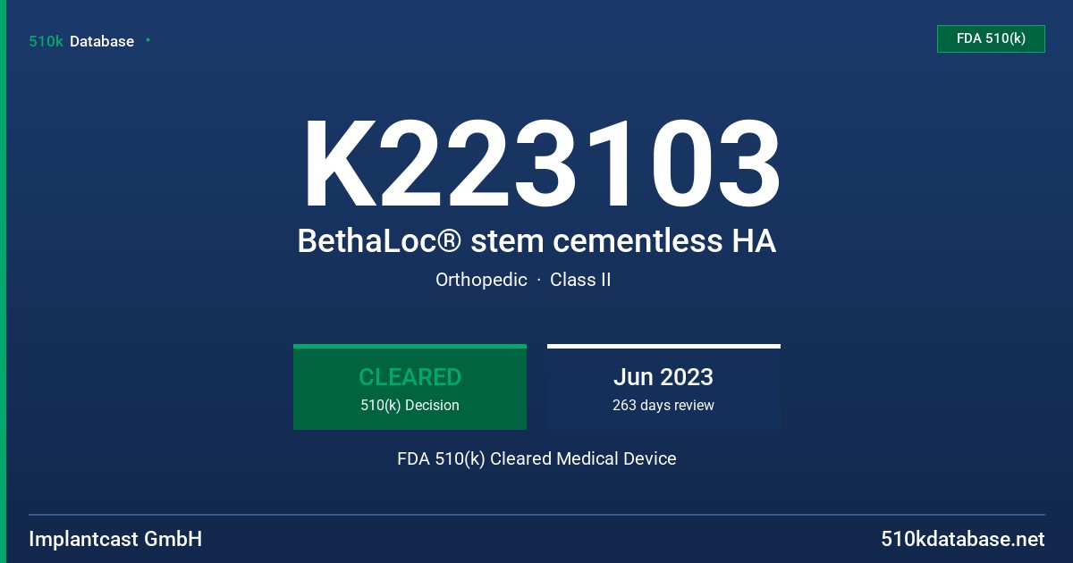 K223103 BethaLoc® stem cementless HA FDA 510(k) Cleared Medical Device