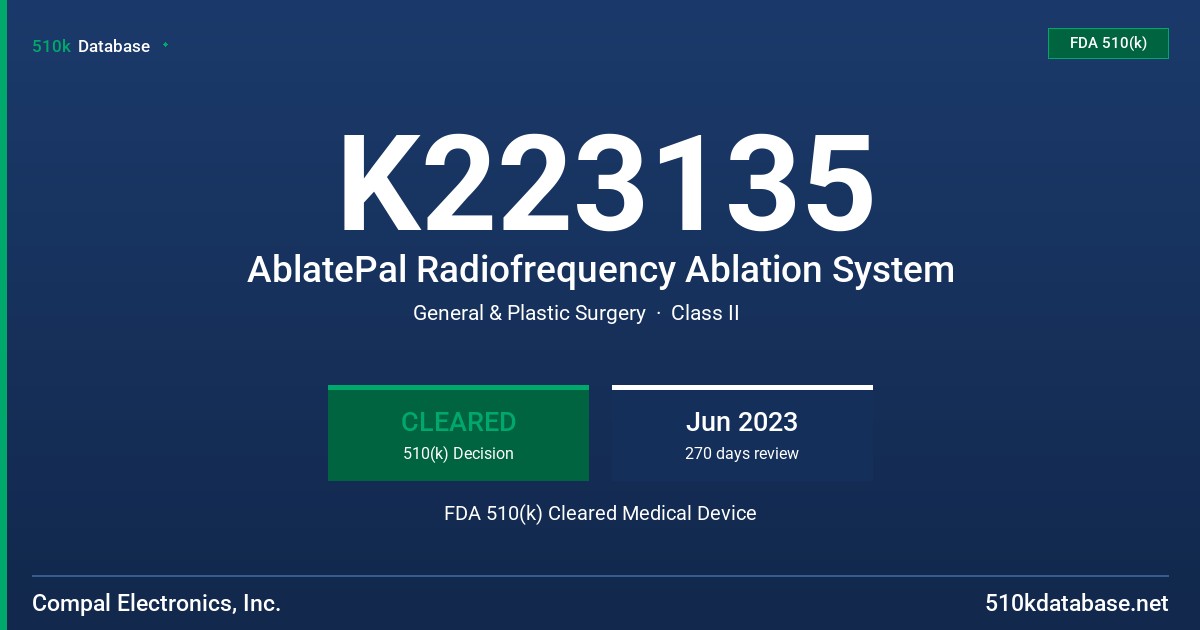 K223135 AblatePal Radiofrequency Ablation System FDA 510(k) Cleared Medical Device