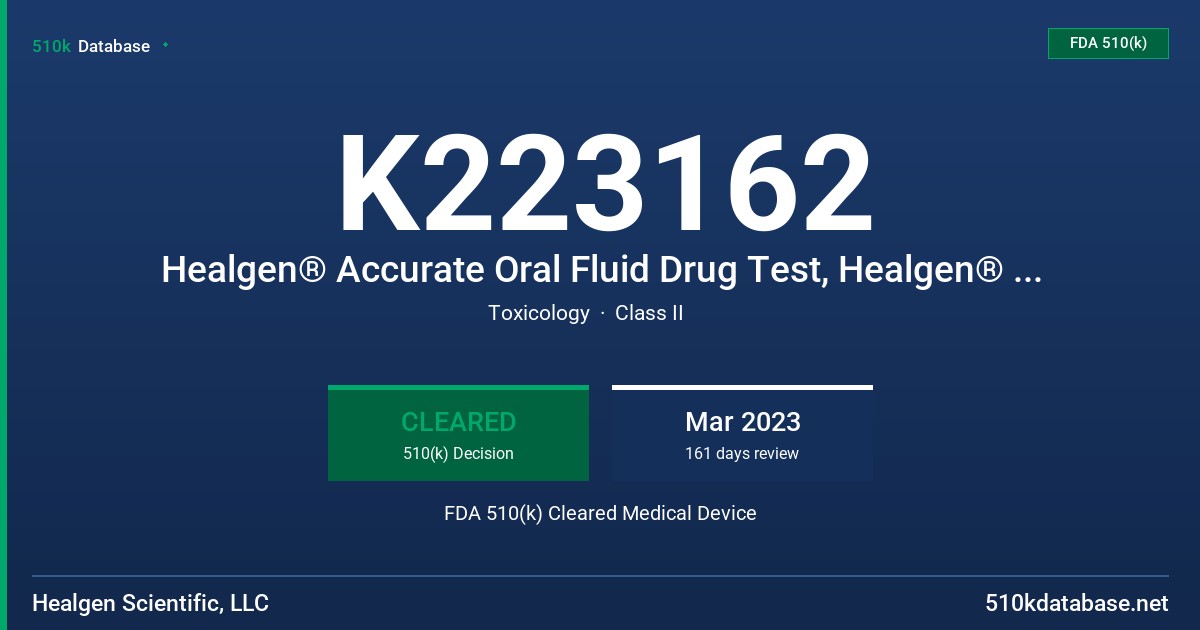 K223162 Healgen® Accurate Oral Fluid Drug Test, Healgen® Accurate Oral Fluid Drug Test COT FDA 510(k) Cleared Medical Device