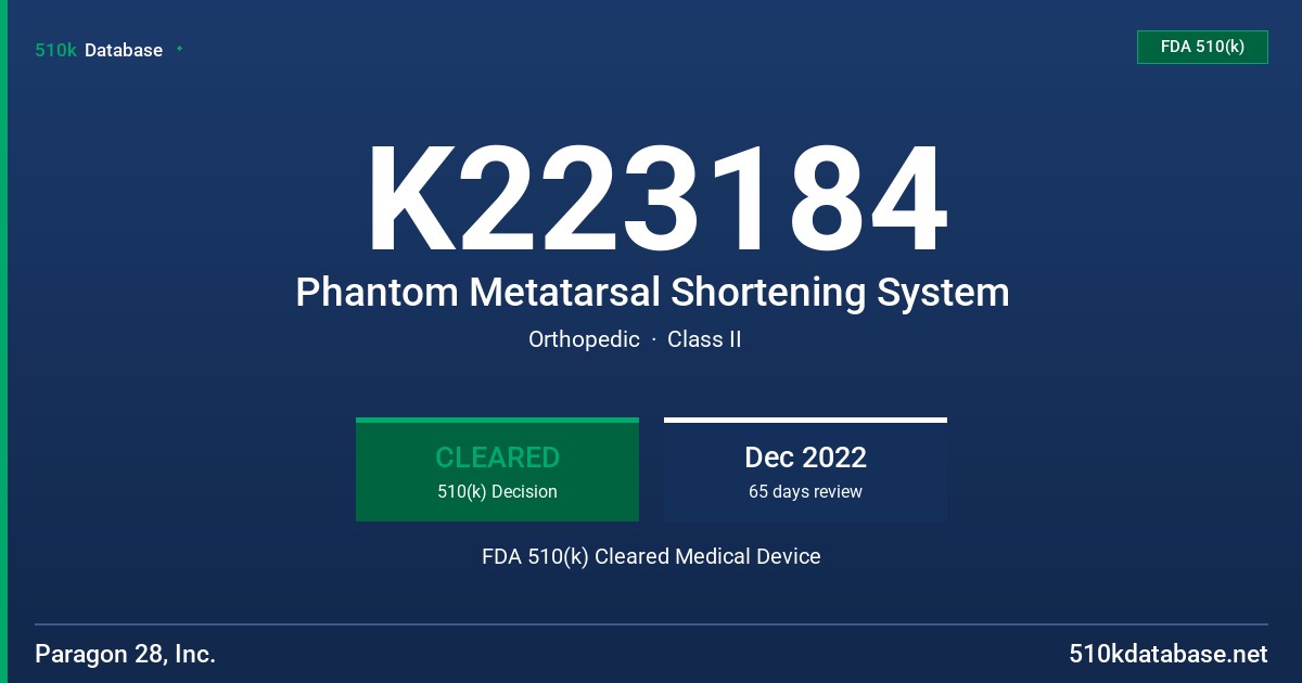 K223184 Phantom Metatarsal Shortening System FDA 510(k) Cleared Medical Device