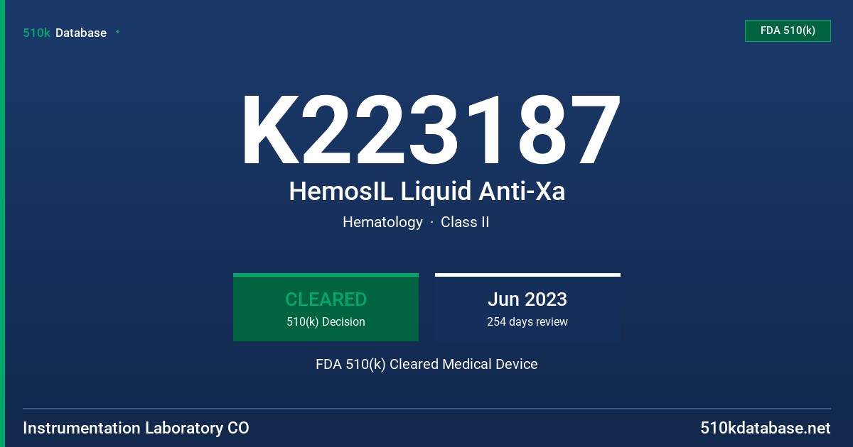 K223187 HemosIL Liquid Anti-Xa FDA 510(k) Cleared Medical Device