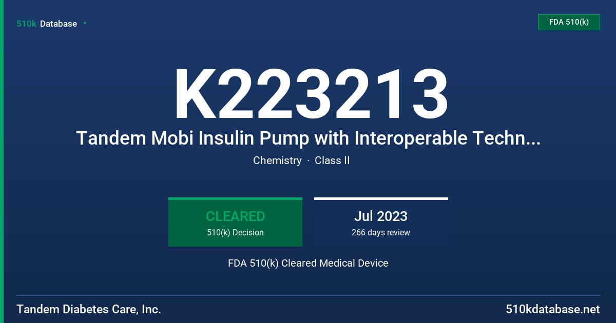 K223213 Tandem Mobi Insulin Pump with Interoperable Technology FDA 510(k) Cleared Medical Device