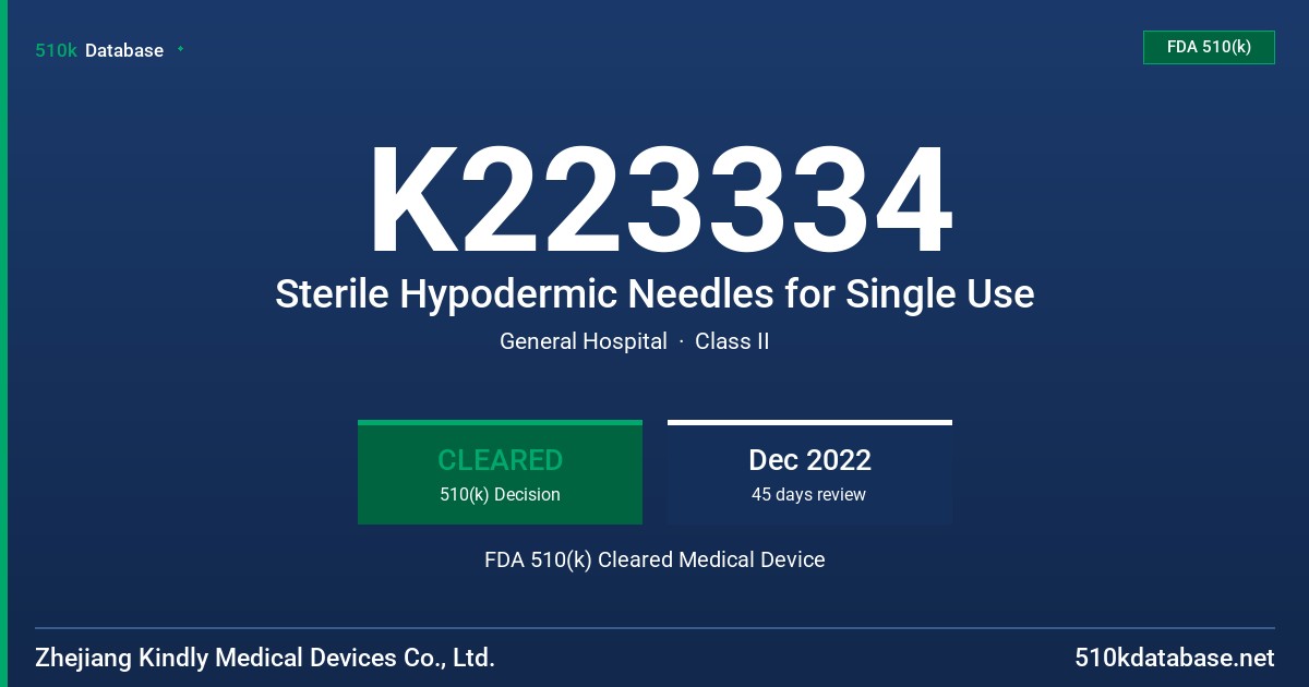 K223334 Sterile Hypodermic Needles for Single Use FDA 510(k) Cleared Medical Device