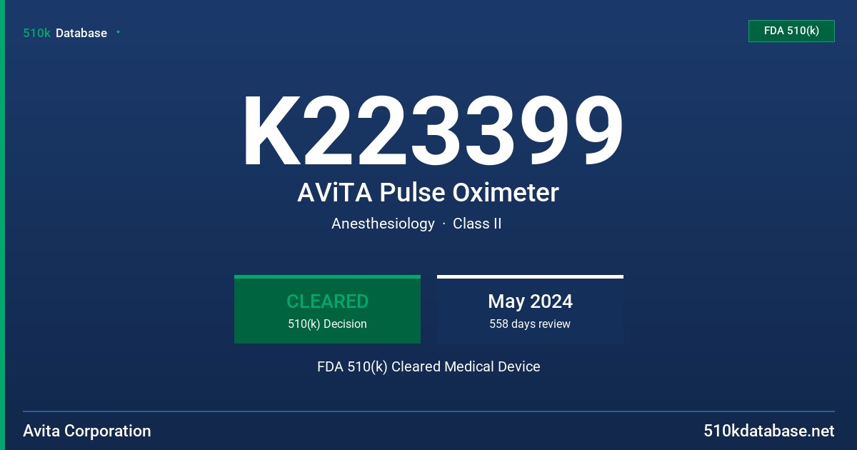 K223399 AViTA Pulse Oximeter FDA 510(k) Cleared Medical Device