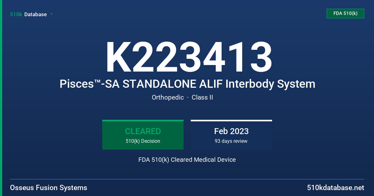 K223413 Pisces™-SA STANDALONE ALIF Interbody System FDA 510(k) Cleared Medical Device