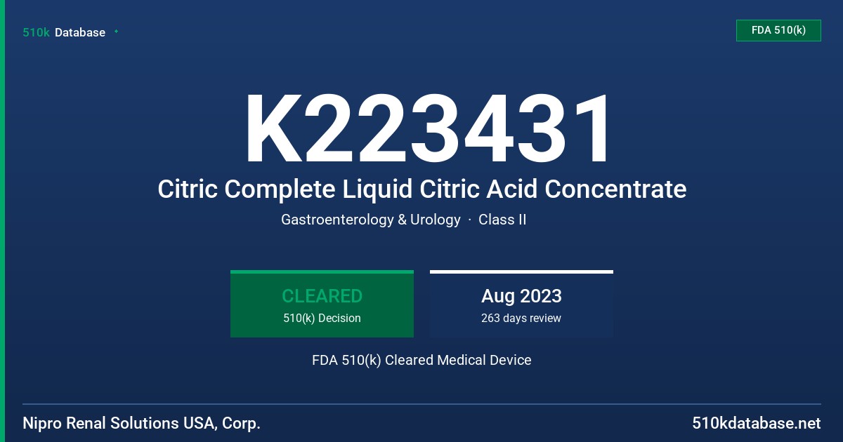 K223431 Citric Complete Liquid Citric Acid Concentrate FDA 510(k) Cleared Medical Device