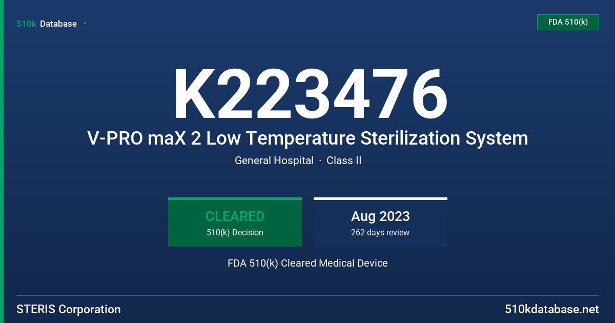 K223476 V-PRO maX 2 Low Temperature Sterilization System FDA 510(k) Cleared Medical Device