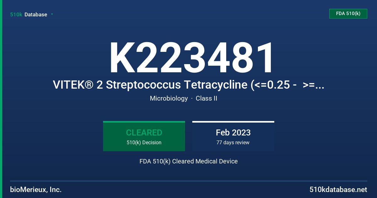 K223481 VITEK® 2 Streptococcus Tetracycline (<=0.25 -  >=16 µg/mL) FDA 510(k) Cleared Medical Device