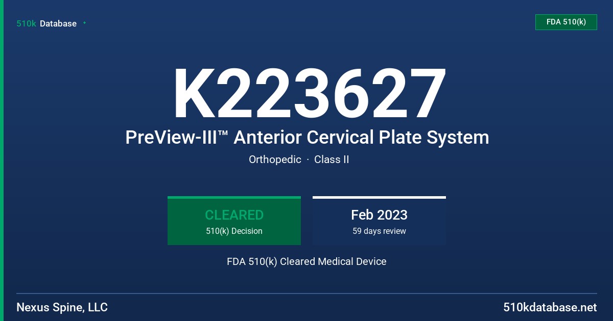 K223627 PreView-III™ Anterior Cervical Plate System FDA 510(k) Cleared Medical Device
