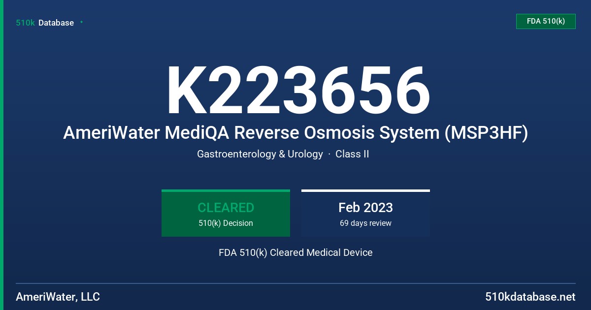 K223656 AmeriWater MediQA Reverse Osmosis System (MSP3HF) FDA 510(k) Cleared Medical Device