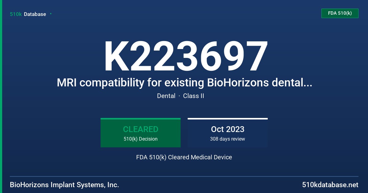 K223697 MRI compatibility for existing BioHorizons dental implants and abutments FDA 510(k) Cleared Medical Device