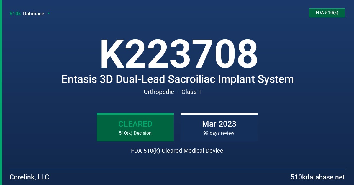 K223708 Entasis 3D Dual-Lead Sacroiliac Implant System FDA 510(k) Cleared Medical Device