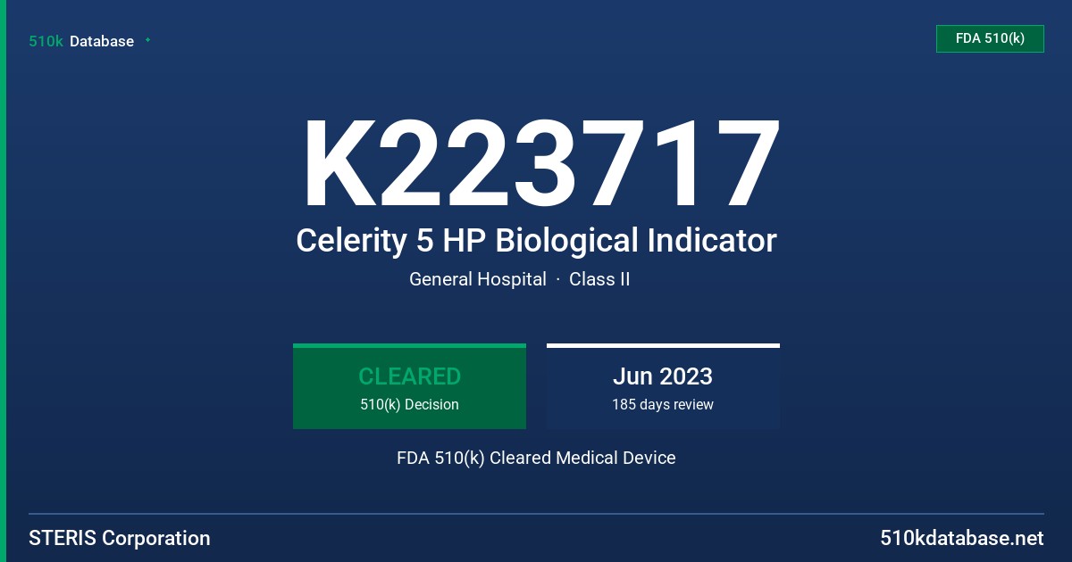 K223717 Celerity 5 HP Biological Indicator FDA 510(k) Cleared Medical Device