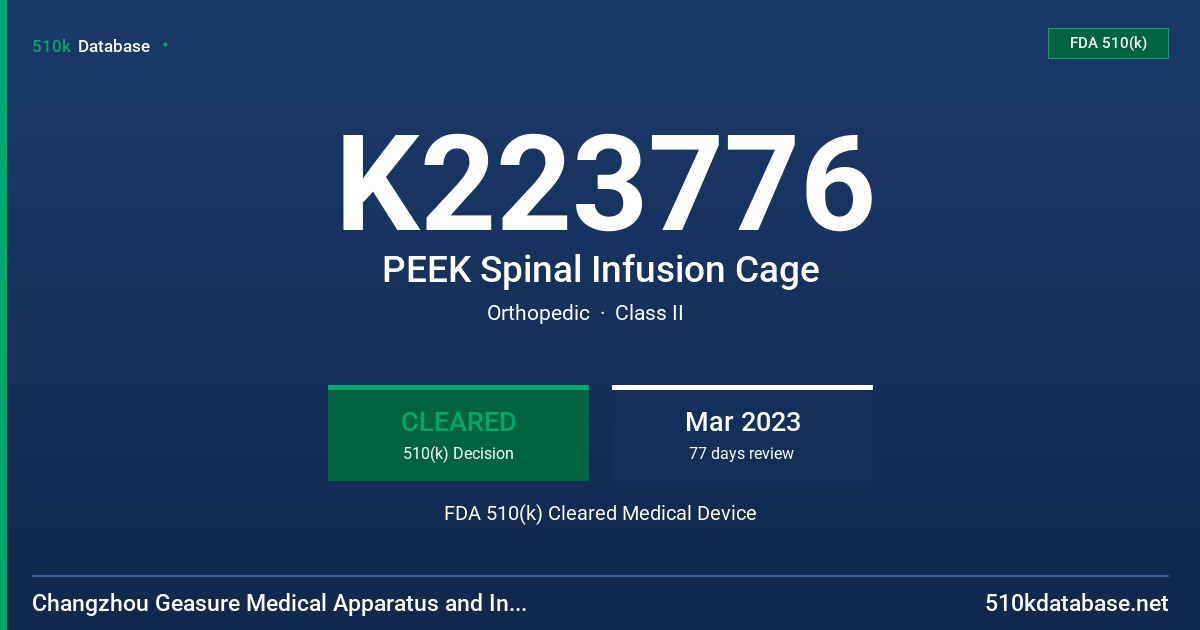 K223776 PEEK Spinal Infusion Cage FDA 510(k) Cleared Medical Device