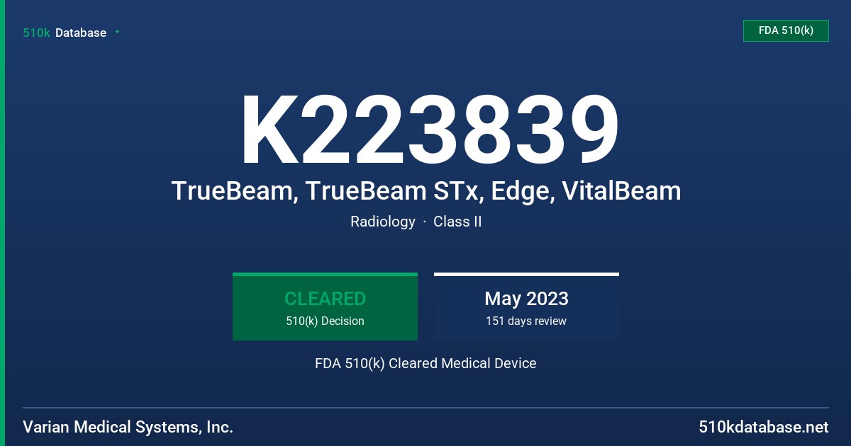 K223839 TrueBeam, TrueBeam STx, Edge, VitalBeam FDA 510(k) Cleared Medical Device