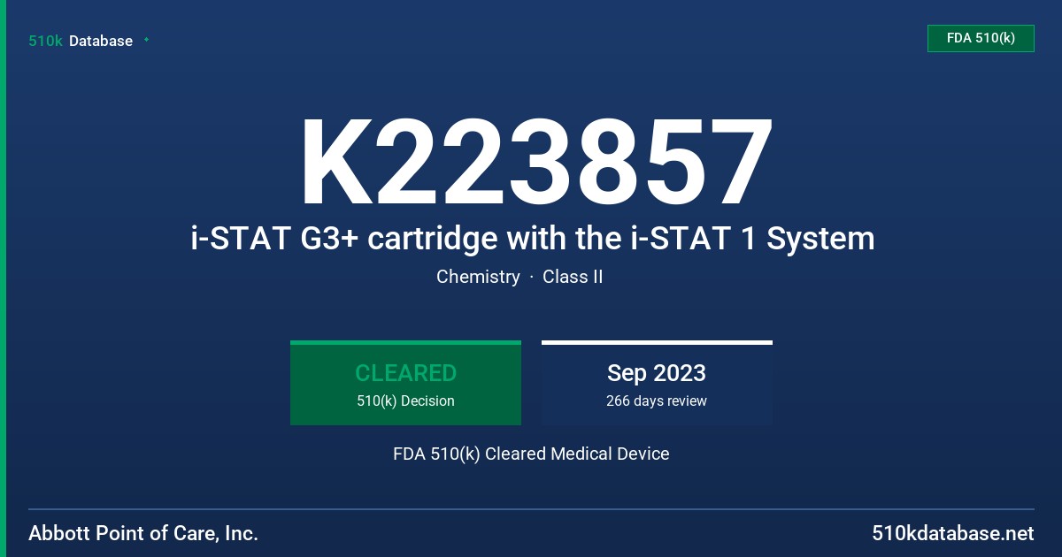 K223857 i-STAT G3+ cartridge with the i-STAT 1 System FDA 510(k) Cleared Medical Device