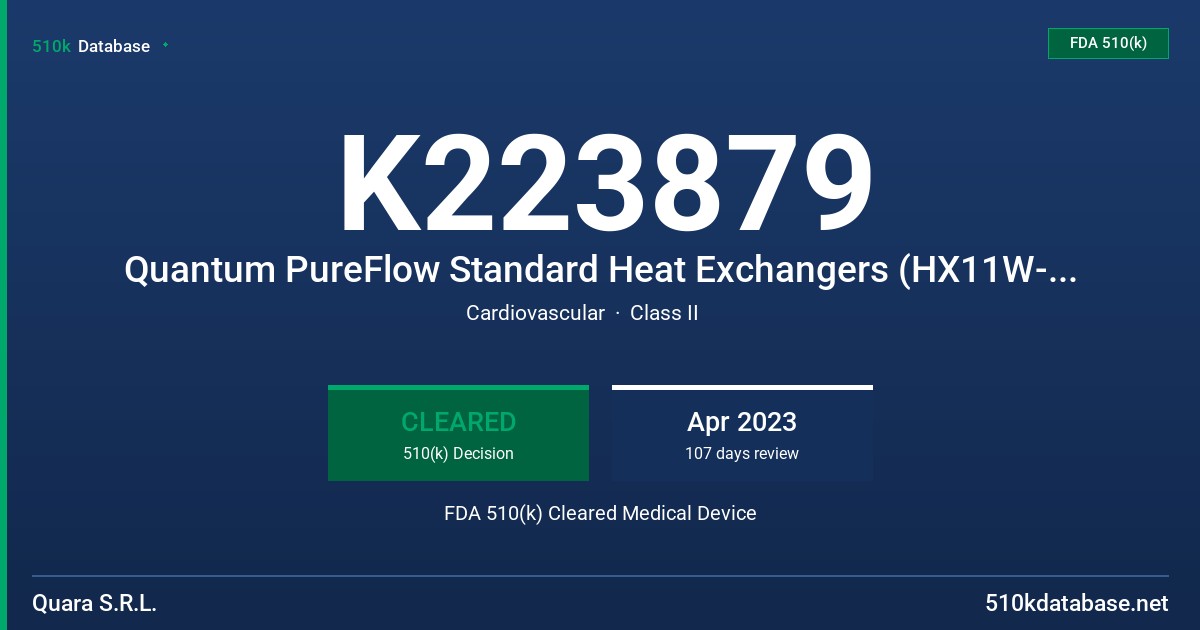 K223879 Quantum PureFlow Standard Heat Exchangers (HX11W-S2, HX11W-S1M and HX11W-S2M) FDA 510(k) Cleared Medical Device