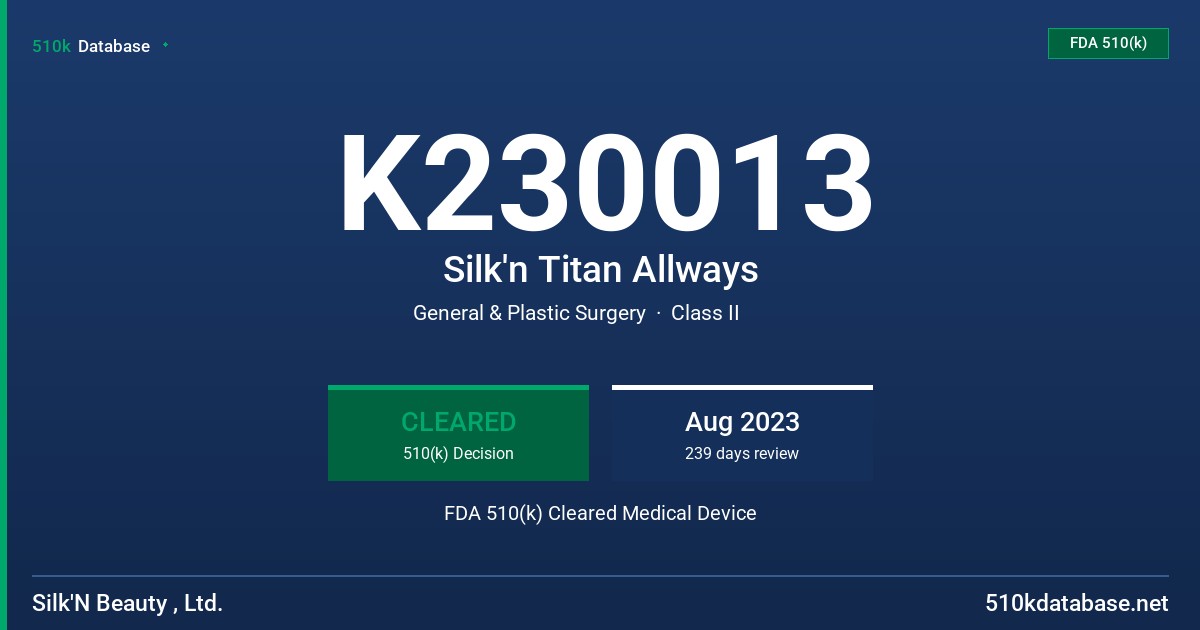 K230013 Silk'n Titan Allways FDA 510(k) Cleared Medical Device